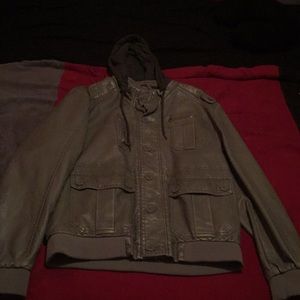Button leather jacket with hoody